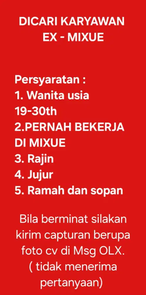 Dibutuhkan karyawan Ex Mixue