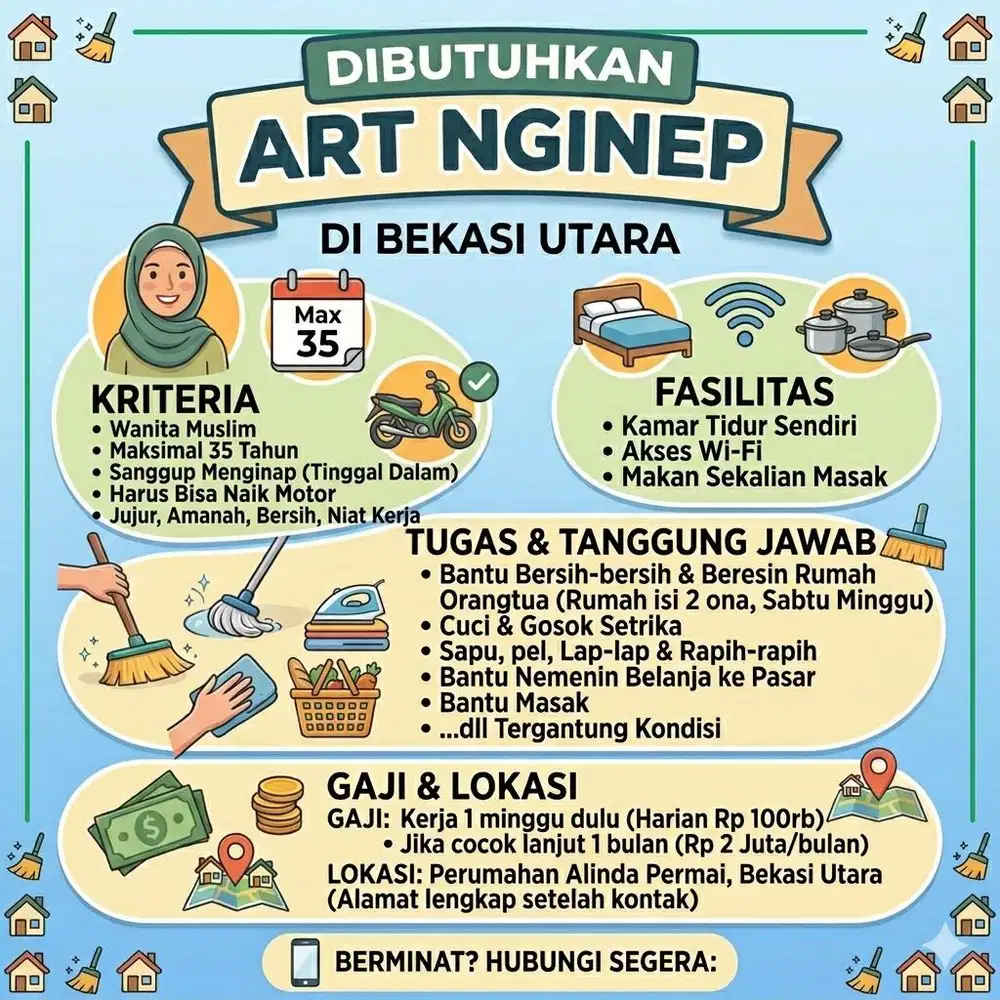 Dicari ART Menginap (Wanita) Bekasi Utara Gaji 2 Juta