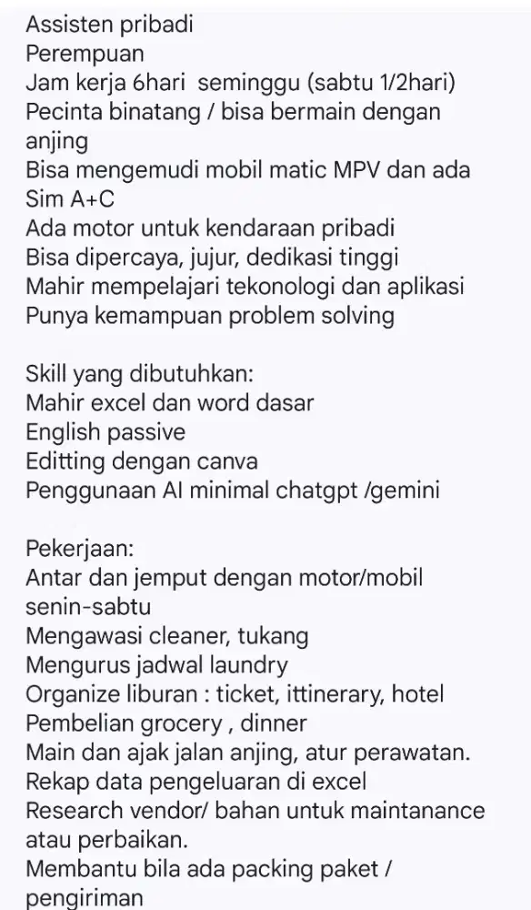 Dibutuhkan asisten merangkap driver