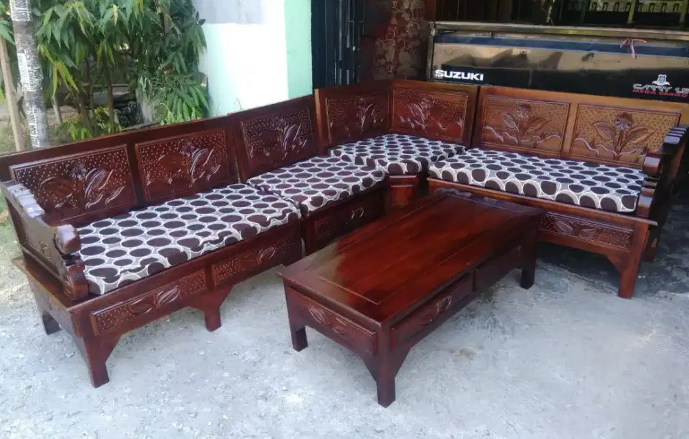 1 Set Meja dan Kursi Tamu Sudut Kayu Jati Terlaris Plus Jok Busa