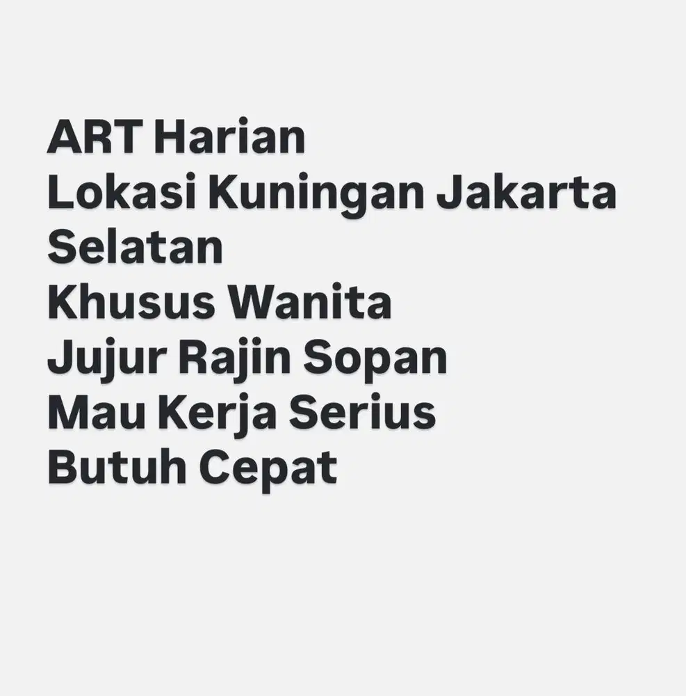 Butuh ART Wanita Rumahdi Jakarta Selatan