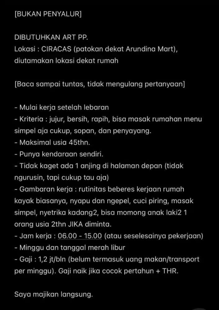 Dicari ART Pulang Pergi Wilayah Arundina Mart, Ciracas, Jakarta Timur