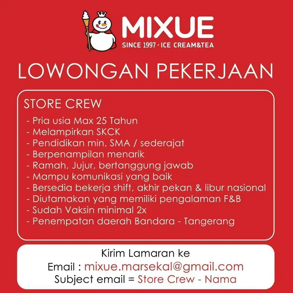 Lowongan Crew Mixue M1 Neglasari Tangerang