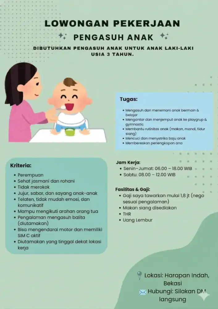 Dicari Pengasuh Anak di Harapan Indah Bekasi
