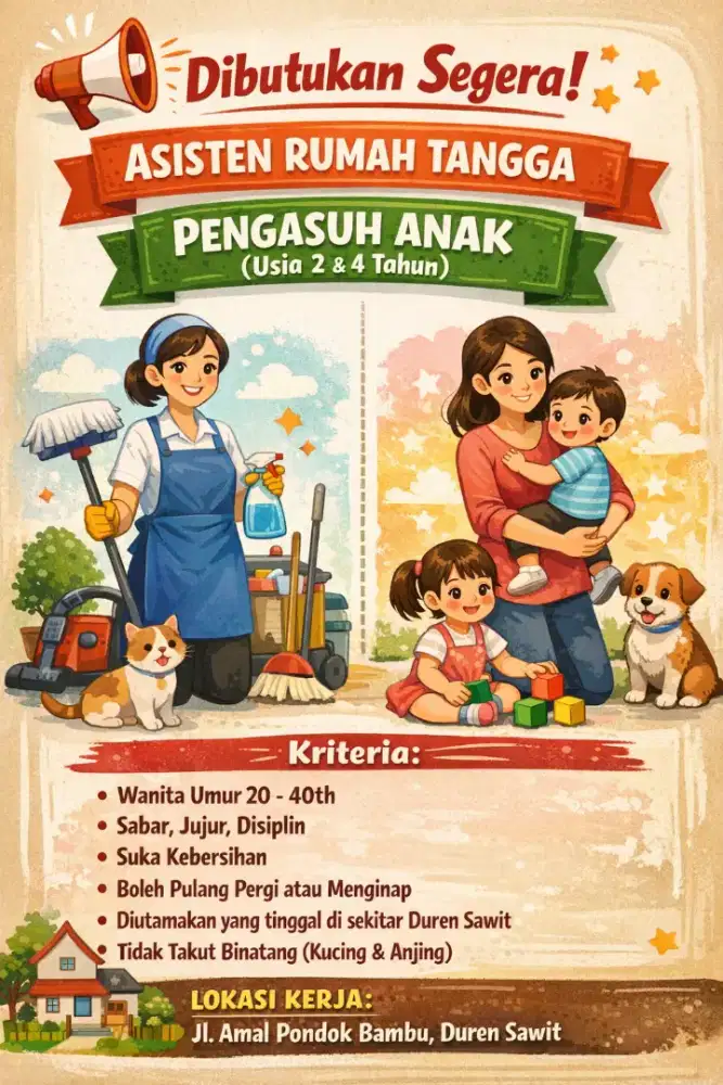 Dibutuhkan segerq ART rumah dan ART urus anak. Lokasi Pondok Bambu