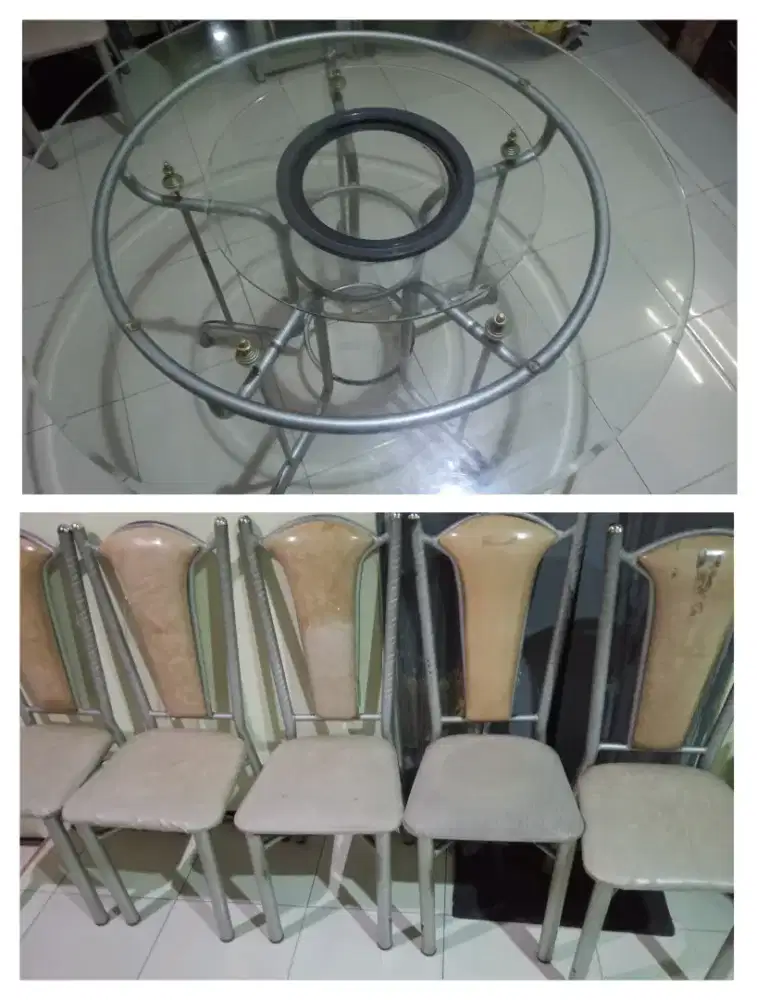 Meja makan kaca dengan kaki besi dan ada putaran meja di tengah