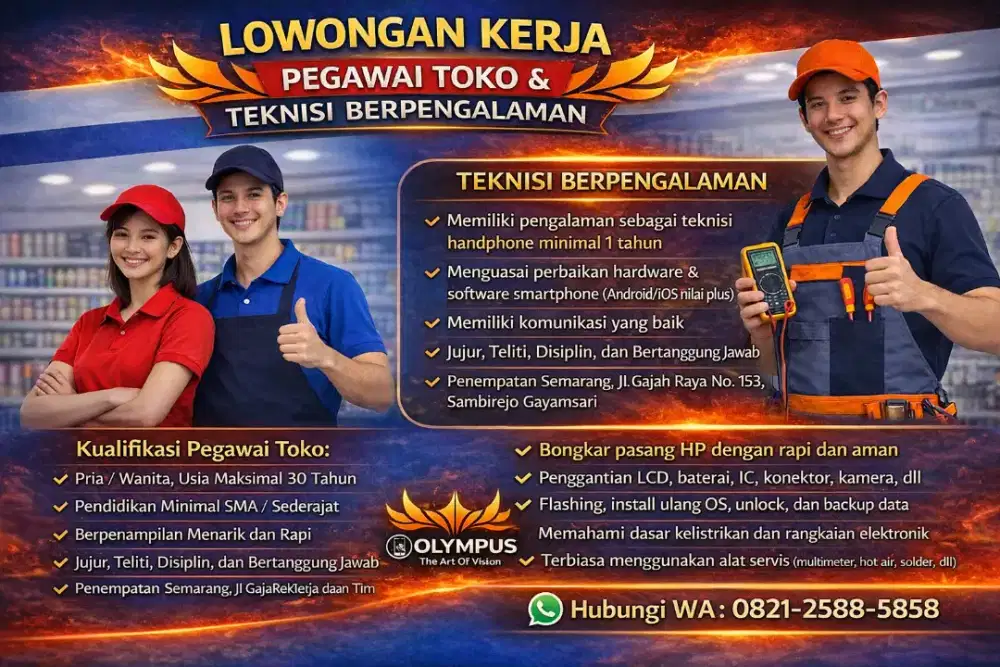 Segera dibuka Olympus Sparepart, dibutuhkan Teknisi dan pegawai Toko :
