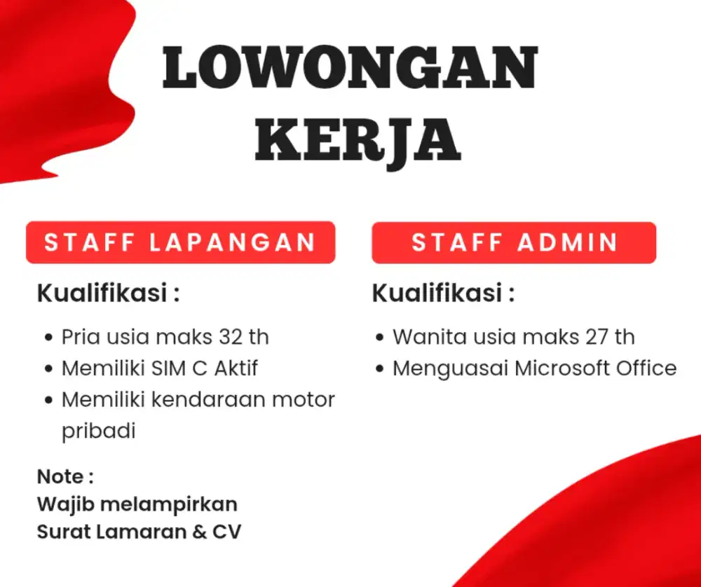Lowongan Staff Admin & Staff Lapangan