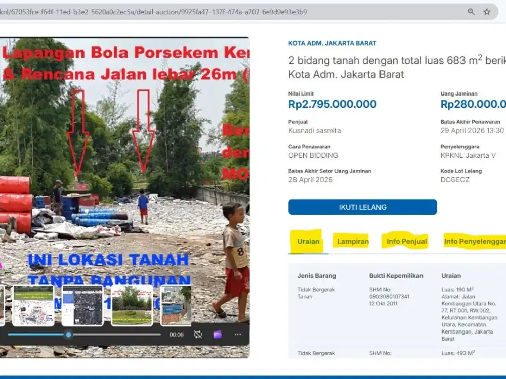 TERMURAH Lelang Rumah 683m2 hanya Rp. 4 juta/m2 di CBD Jakarta Barat & STRATEGIS : < 1 km dari Perumahan Elit Puri Indah & Permata Buana