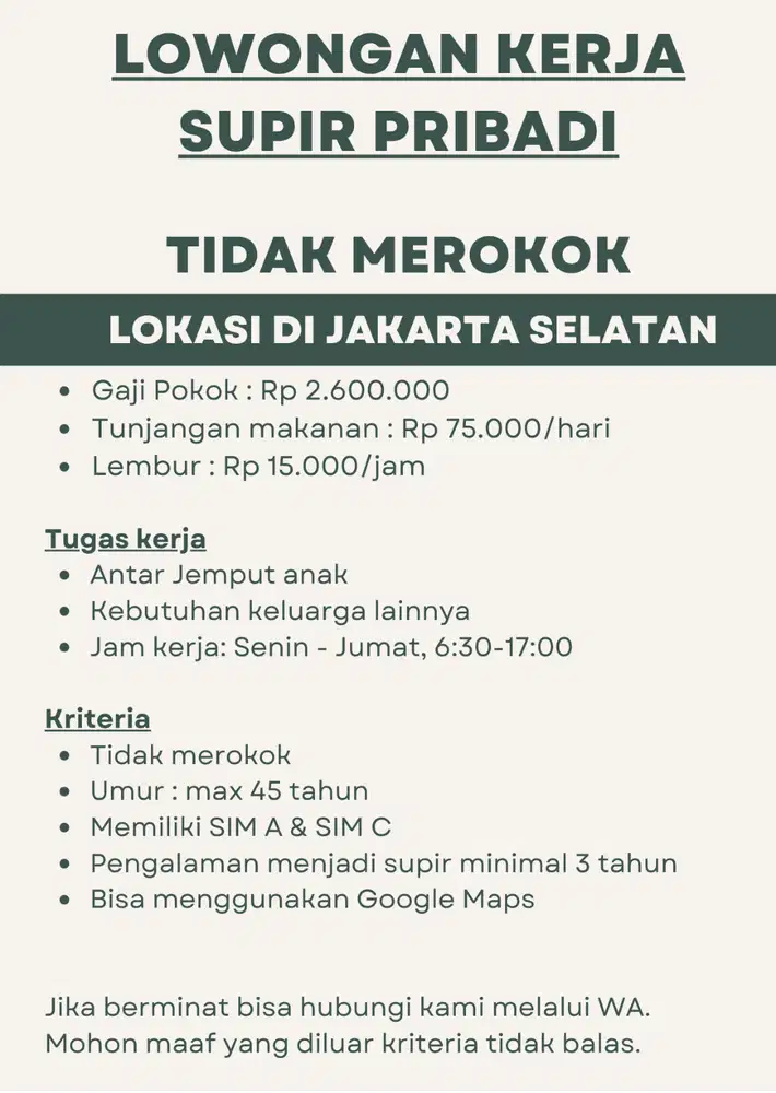 Lowongan Kerja Supir Pribadi Tidak Merokok