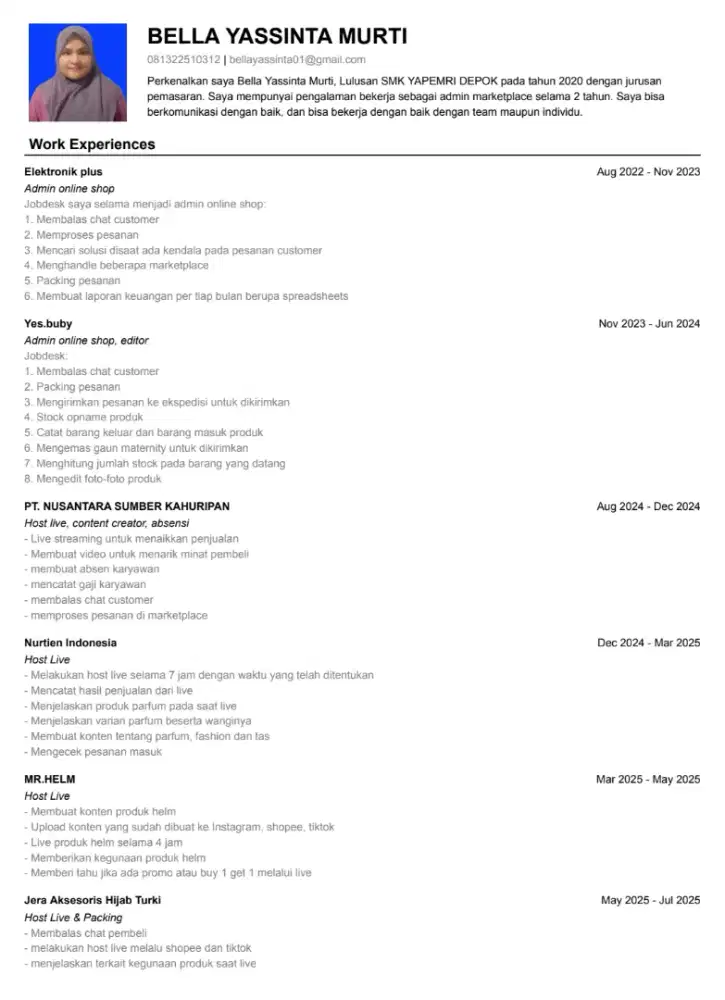 Mencari pekerjaan Admin Online Shop/ Host Live