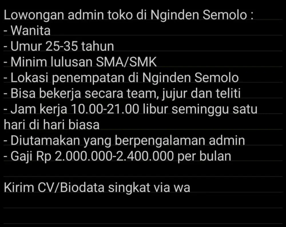 Lowongan admin toko di Jl Nginden Semolo, surabaya
