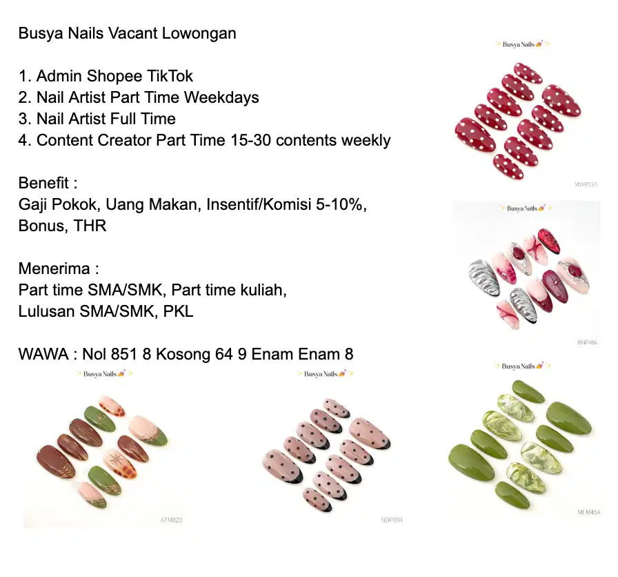 Lowongan Admin Nail Art Magang PKL Busya Nails Part Time Full Time