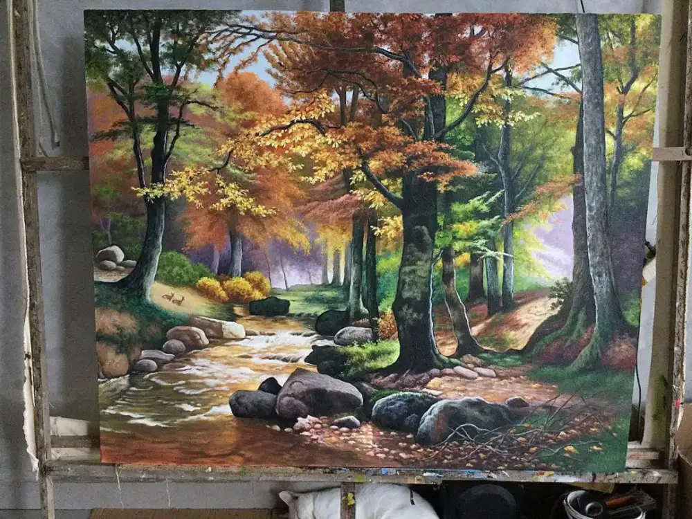 Dijual lukisan kanvas pemandangan hutan 120x100 cm