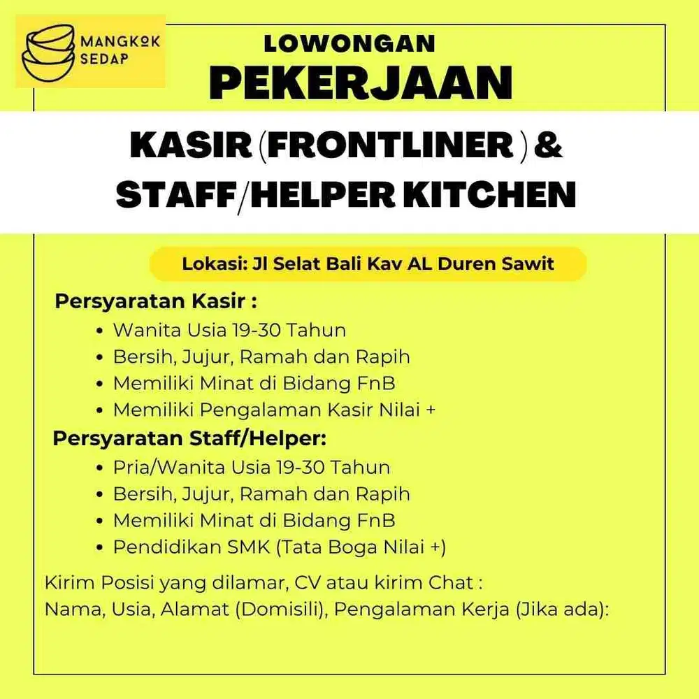 Dibutuhkan Crew Cooker, cook helper dan kasir