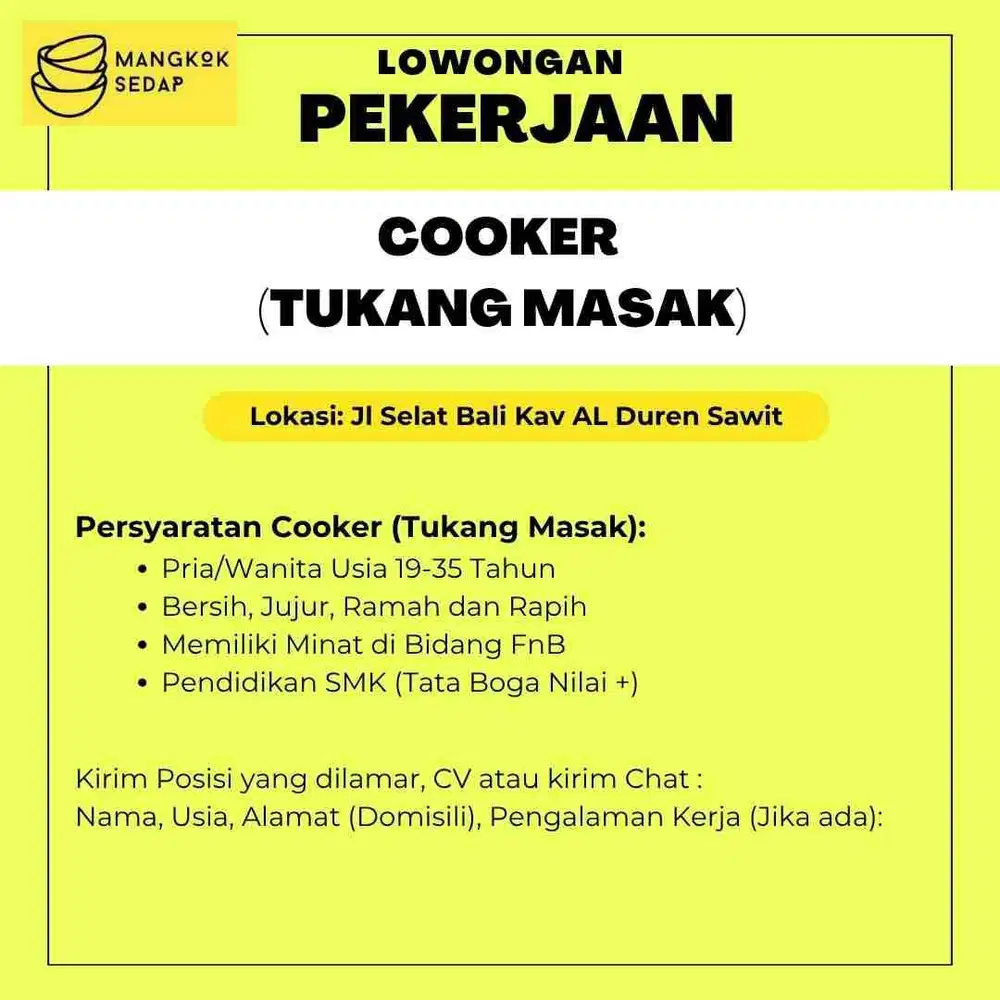Dibutuhkan Crew Cooker, cook helper dan kasir