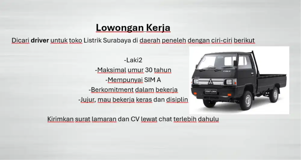 Dibutuhkan 1 DRIVER untuk toko listrik di daerah peneleh, Surabaya
