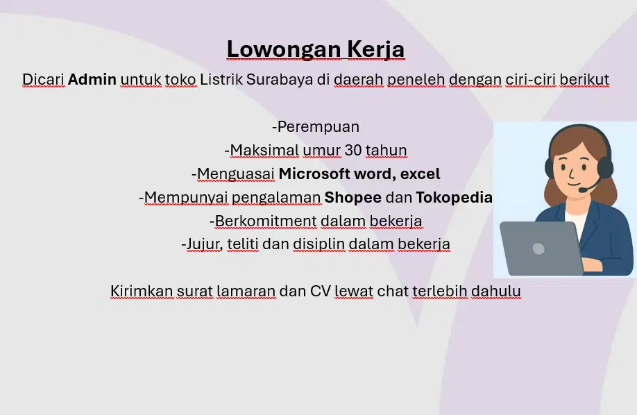 Dibutuhkan 1 admin untuk toko listrik di daerah peneleh, Surabaya