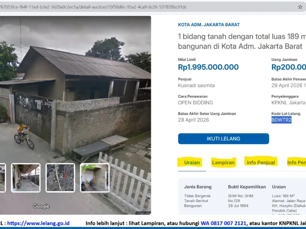 TERMURAH Dibawah harga Pasar/Appraisal, hanya 10 jutaan/m2 di Segi Tiga Emas CBD Jakarta Barat & STRATEGIS < 1 Km dari Puri Indah/Permata Buana