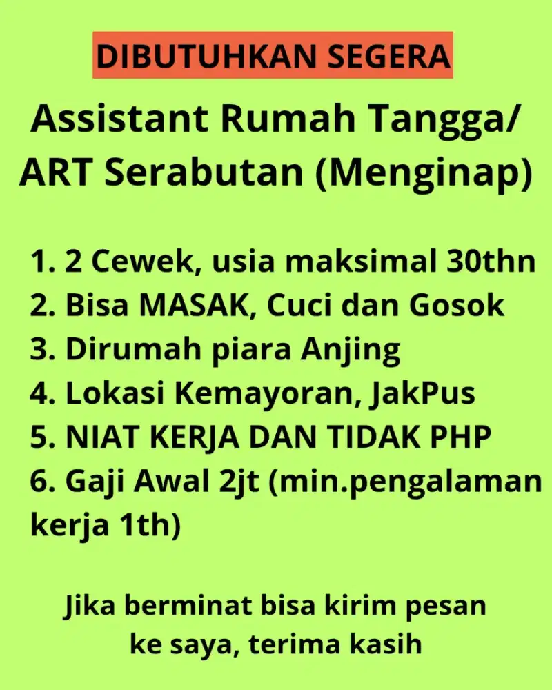 DIBUTUHKAN SEGERA ART SERABUTAN MENGINAP