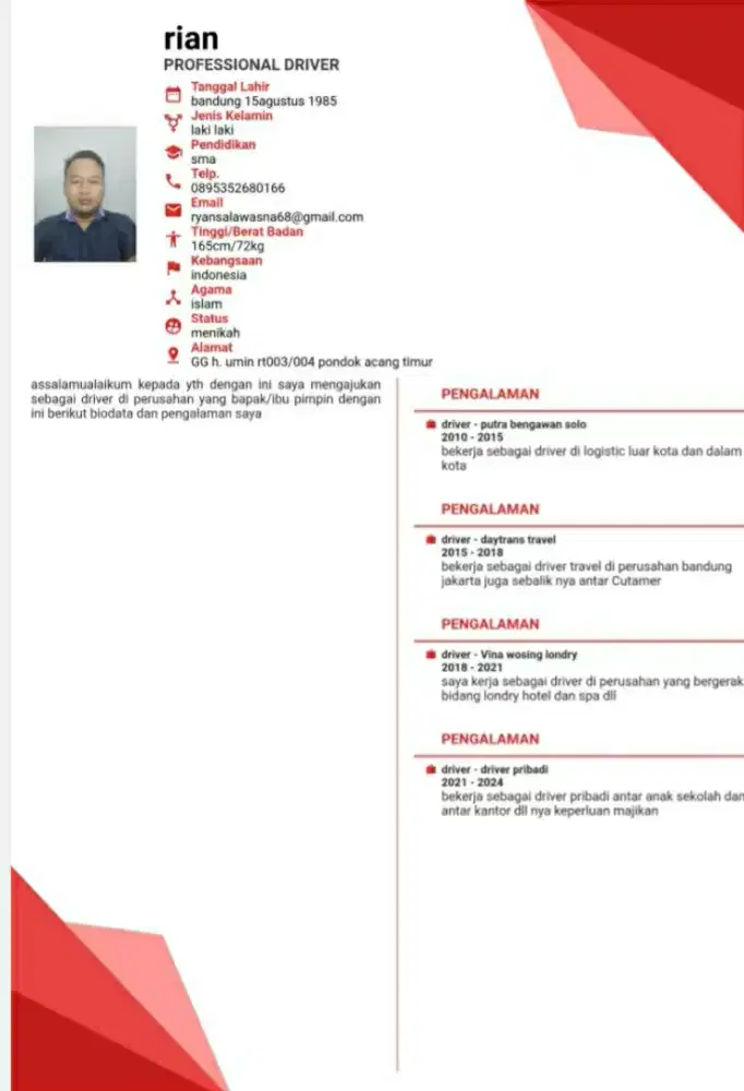 Cari kerjaan driver mau pribadi mau antar barang luar kota saya siap