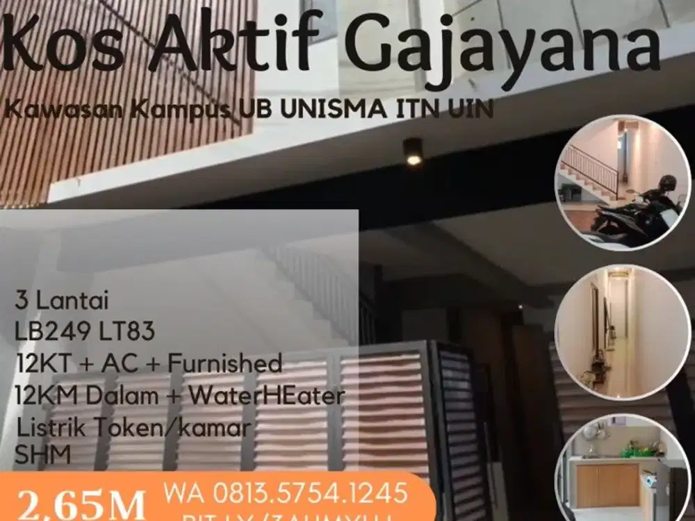 Rumah Kos Aktif dijual Merjosari sigura-gura UB UIN 12KT 12KMD Furnish