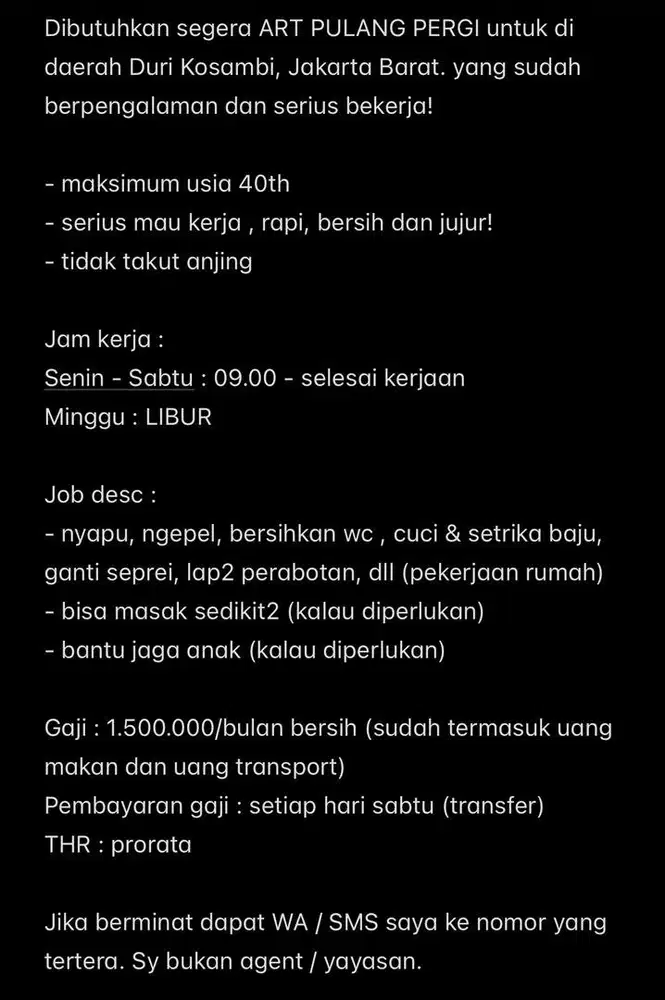 DIBUTUHKAN ART PULANG PERGI DAERAH DURI KOSAMBI, JAKARTA BARAT