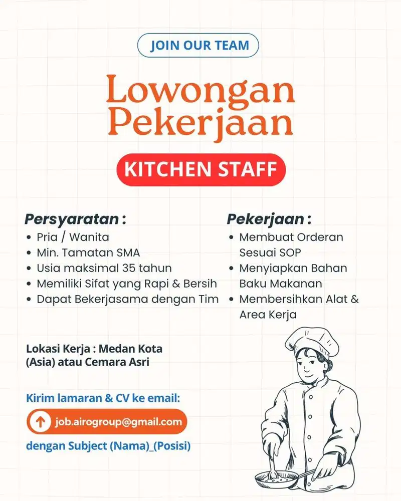 DIBUTUHKAN SEGERA! KITCHEN STAFF AIRO KITCHEN