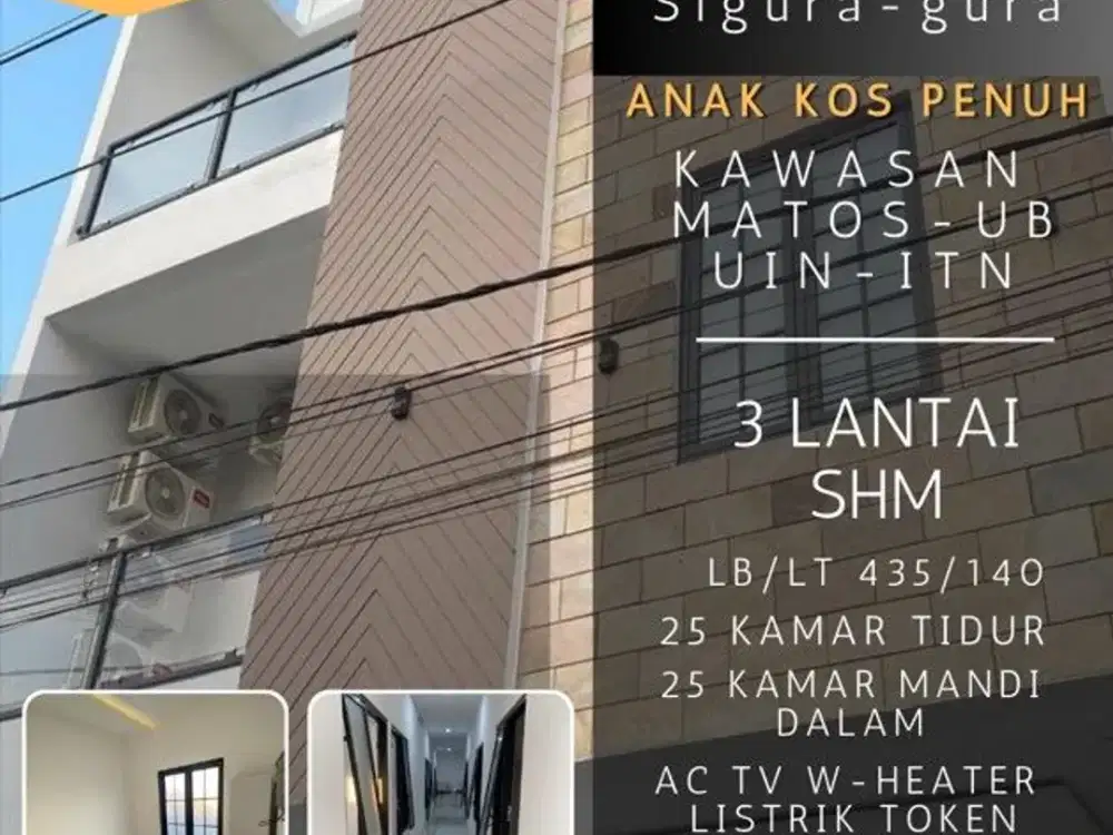 Dijual kos aktif sigura2 25KT 25KMD furnished kawasan UB UM UIN MATOS 4,4M