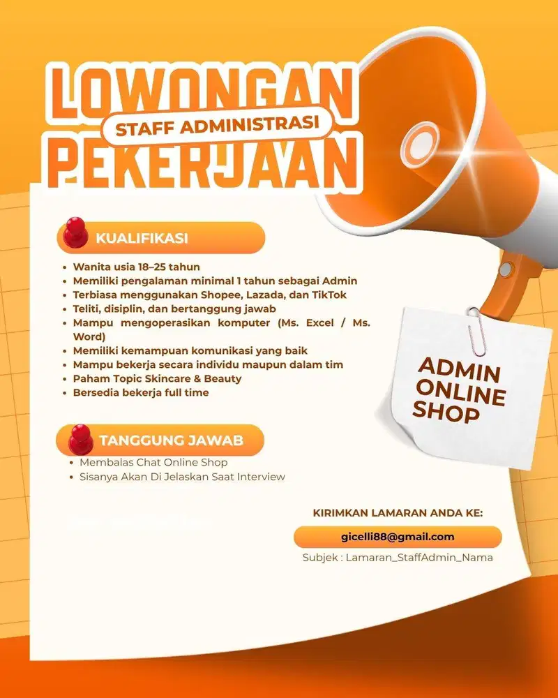 LOKER ADMIN WANITA ONLINE SHOP