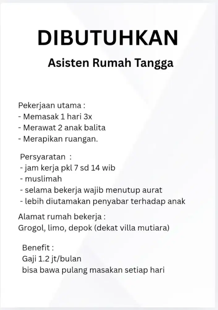 Dibutuhkan ART masak dan momong