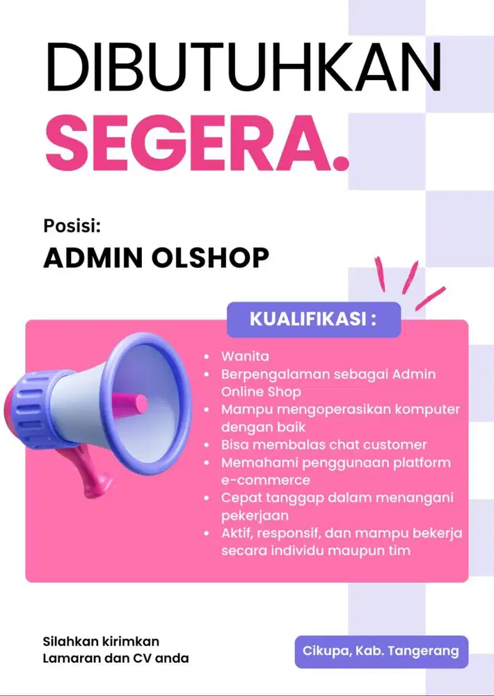 DIBUTUHKAN SEGERA! ADMIN OLSHOP BERPENGALAMAN