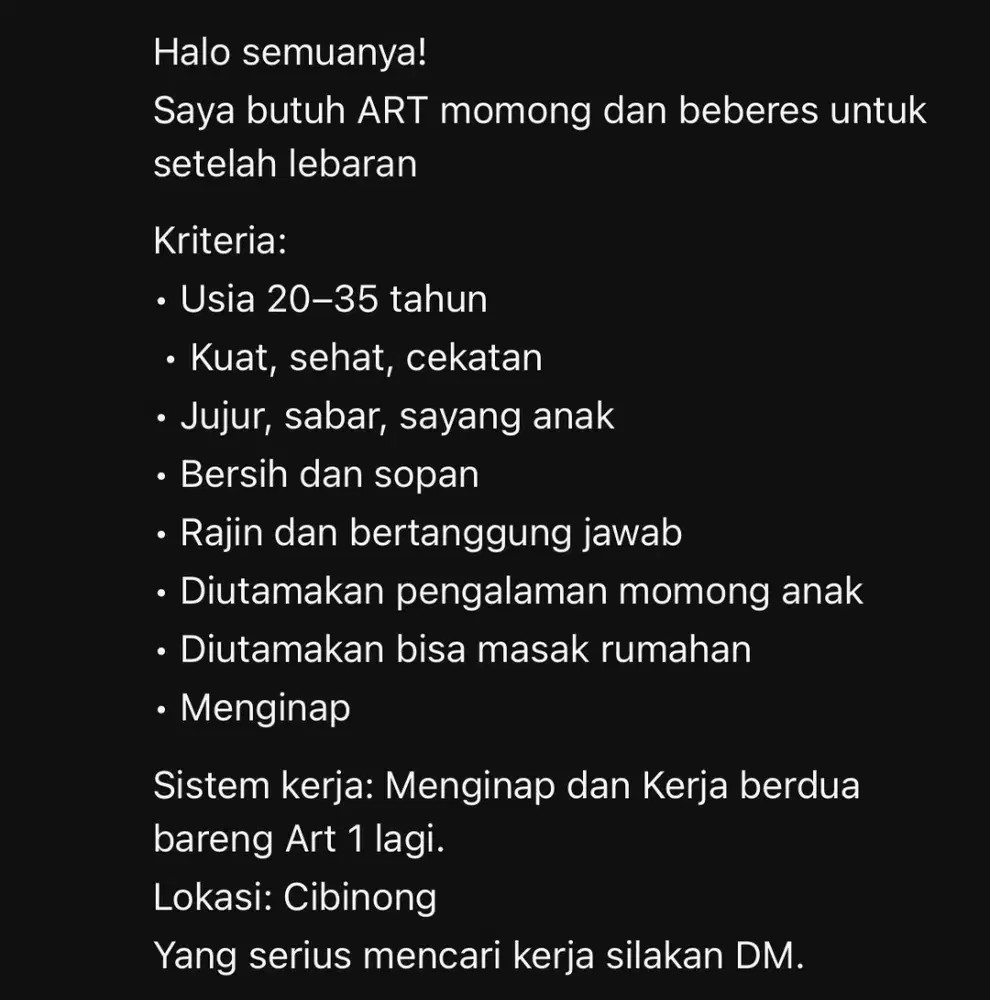 BUTUH JASA ART MOMONG