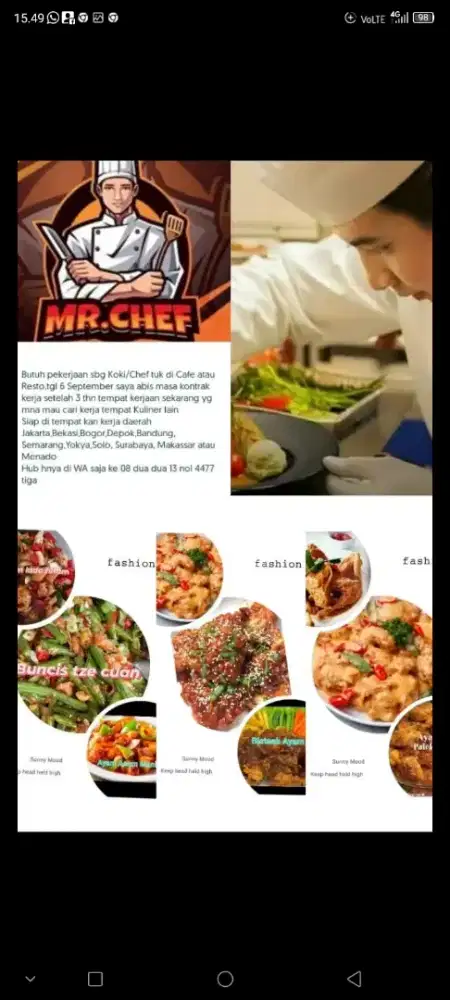 Koki mencari pekerjaan di Cafe,Resto,Catering atau rmh makan