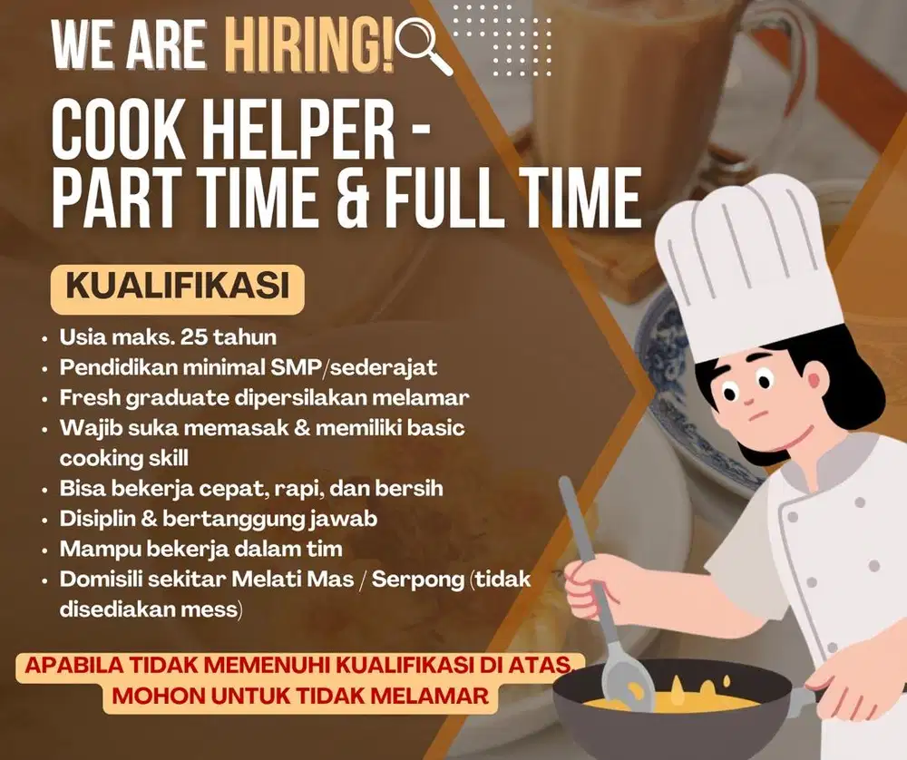 LOWONGAN KERJA COOK HELPER KOKI