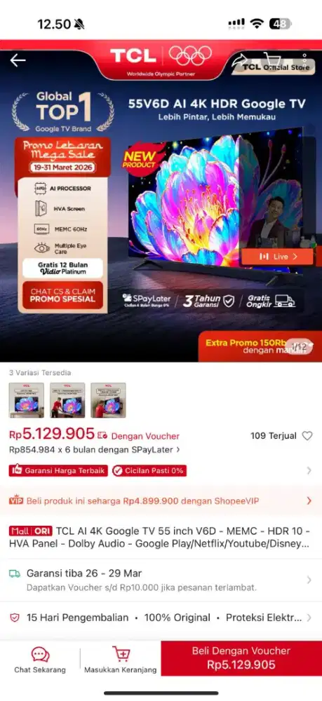 TV TCL 55INCH SECOND BARU SEBULAN PAKAI