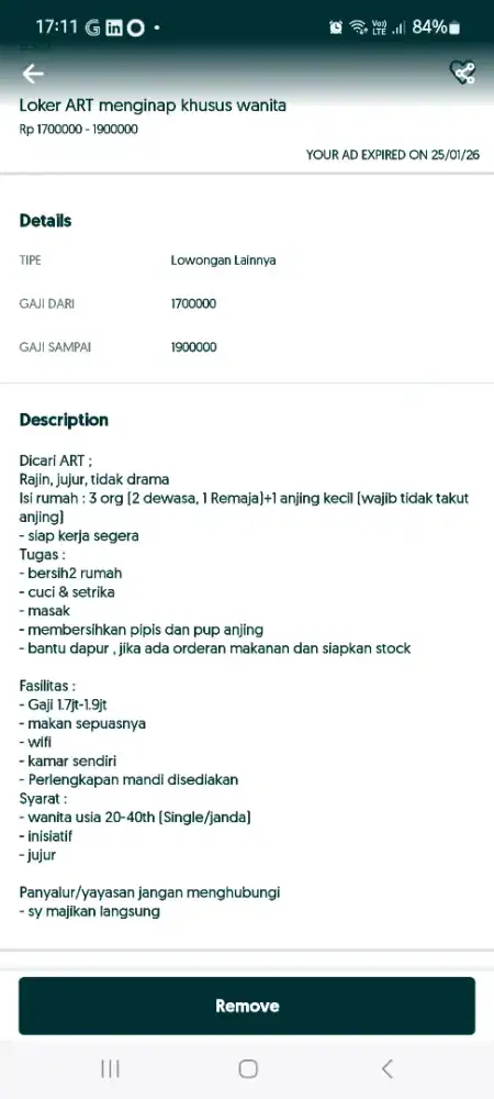 Lowongan ART Menginap khusus wanita