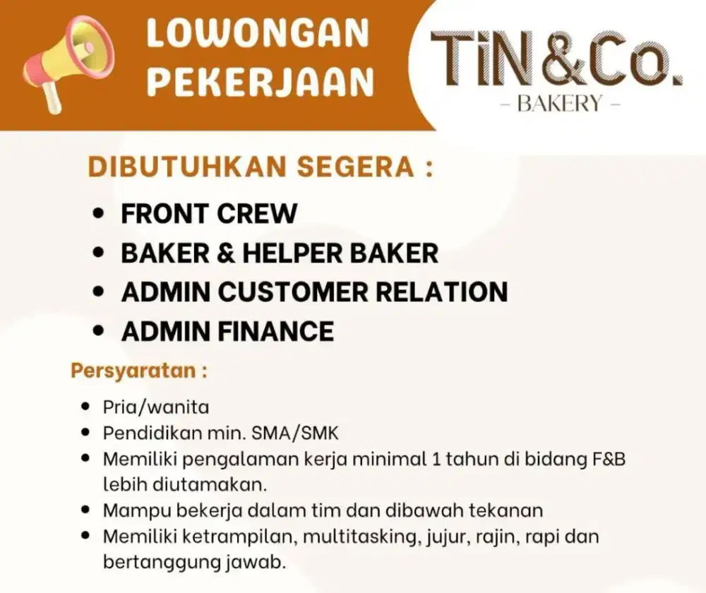 lowongan kerja Tin & Co.Bakery
