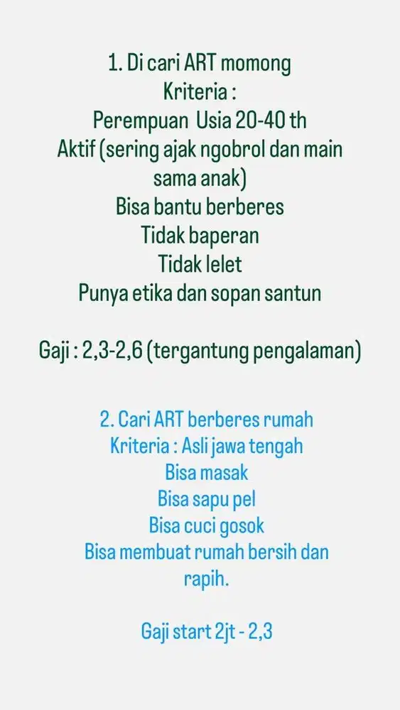 Lowongan ART momong dan ART bersih2