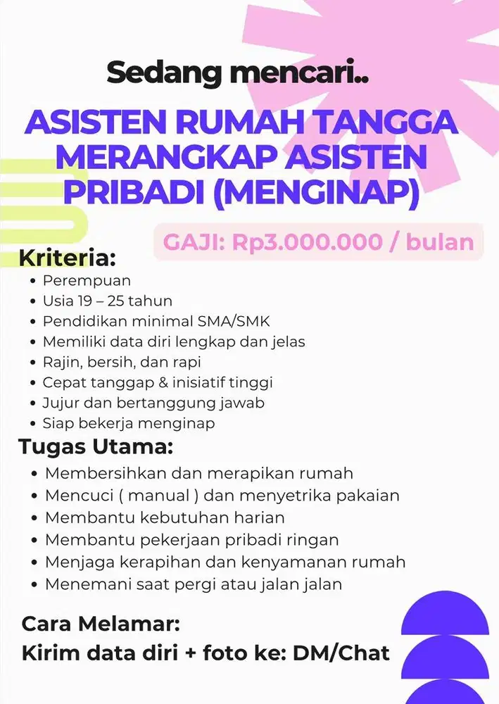 Dicari art merangkap asisten pribadi