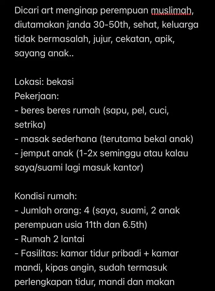 Dicari ART menginap setelah lebaran!