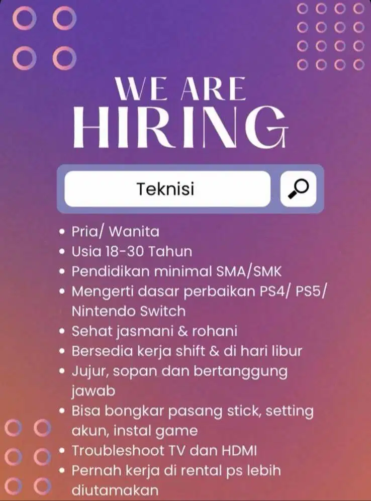 LOWONGAN PEKERJAAN - TEKNISI - RENTAL PS