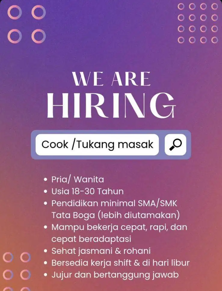LOWONGAN PEKERJAAN - COOK - TATA BOGA - KITCHEN
