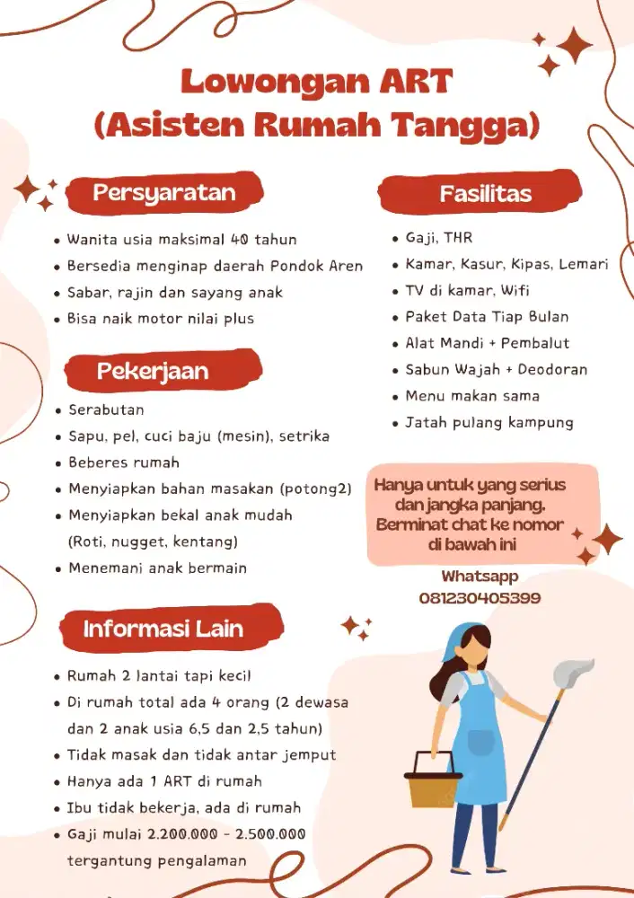 Dibutuhkan ART Asisten Rumah Tangga Meningap di Pondok Aren Tangsel