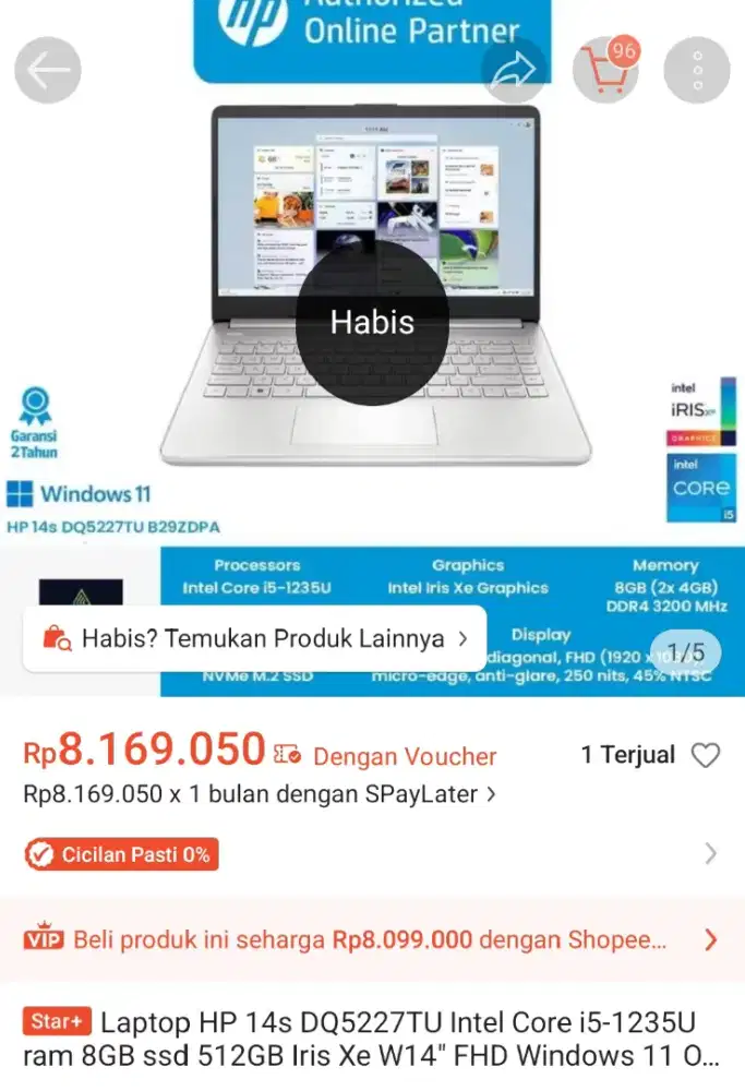 Laptop HP 14s DQ5227TU Intel Core i5-1235U ram 8GB