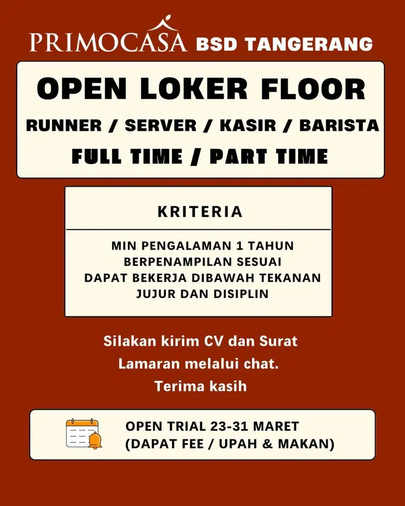 LOWONGAN KERJA Floor Server Runner Kasir Waiter Waitress Barista