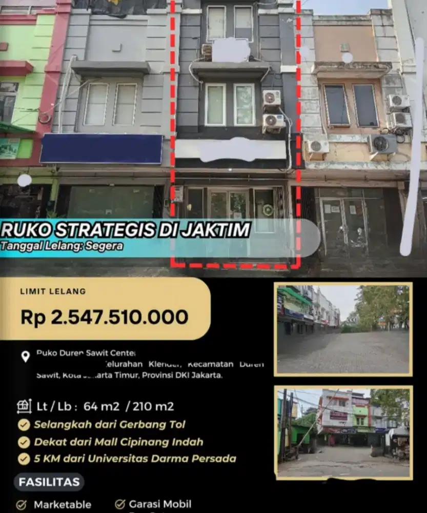 Dijual Ruko Duren Sawit Centre