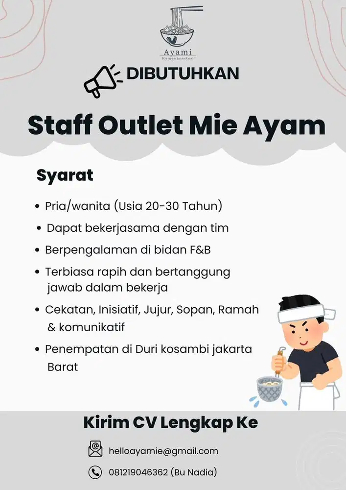 DIBUTUHKAN KARYAWAN UNTUK MIE AYAM