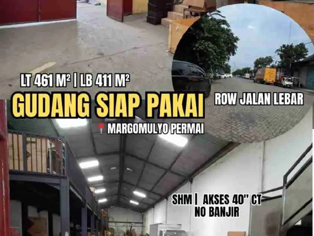 DI JUAL MURAH GUDANG STRATEGIS SIAP PAKAI DI MARGOMULYO PERMAI

Spesifikasi :

LT 461 m²  

Lebar 11 mtr

LB 411 m²

KM 1 

Air PDAM 

Listrik 2200 Watt 

Ada Kantor 

Hadap Selatan 

Sertifikat SHM 

Harga 4.5 M Nego