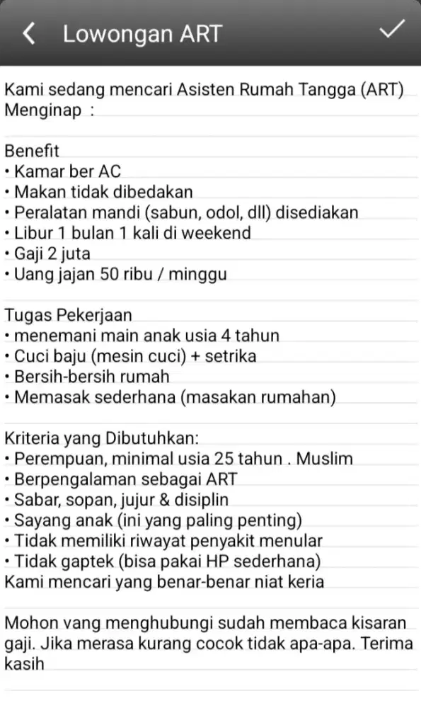 Mencari ART Menginap lokasi pondok ranggon